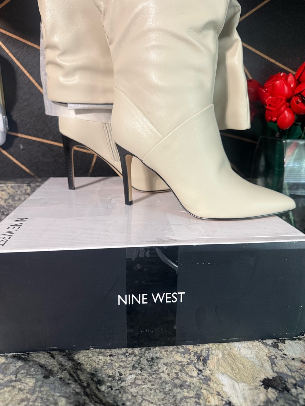 Nine West Cream Pointed-Toe High-Heel Knee Boots